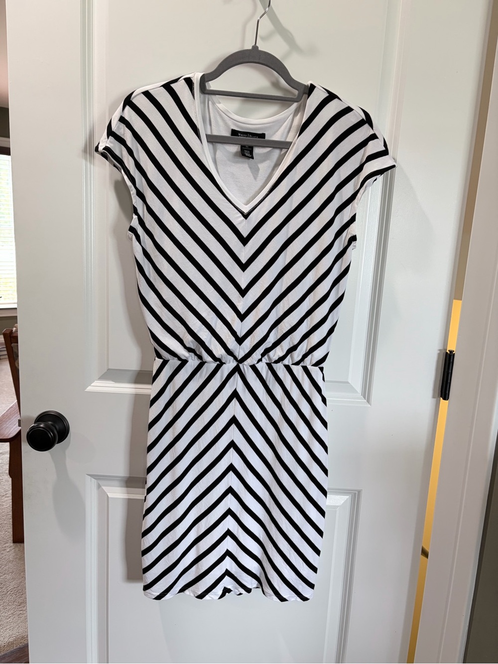 White House Black Market Black and White Striped V-Neck Mini Dress